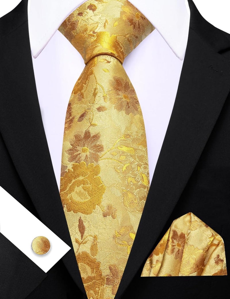 Barry.Wang Store Flower Ties for Men Handkerchief Cufflinks Set Wedding Necktie Set Party - Image 5